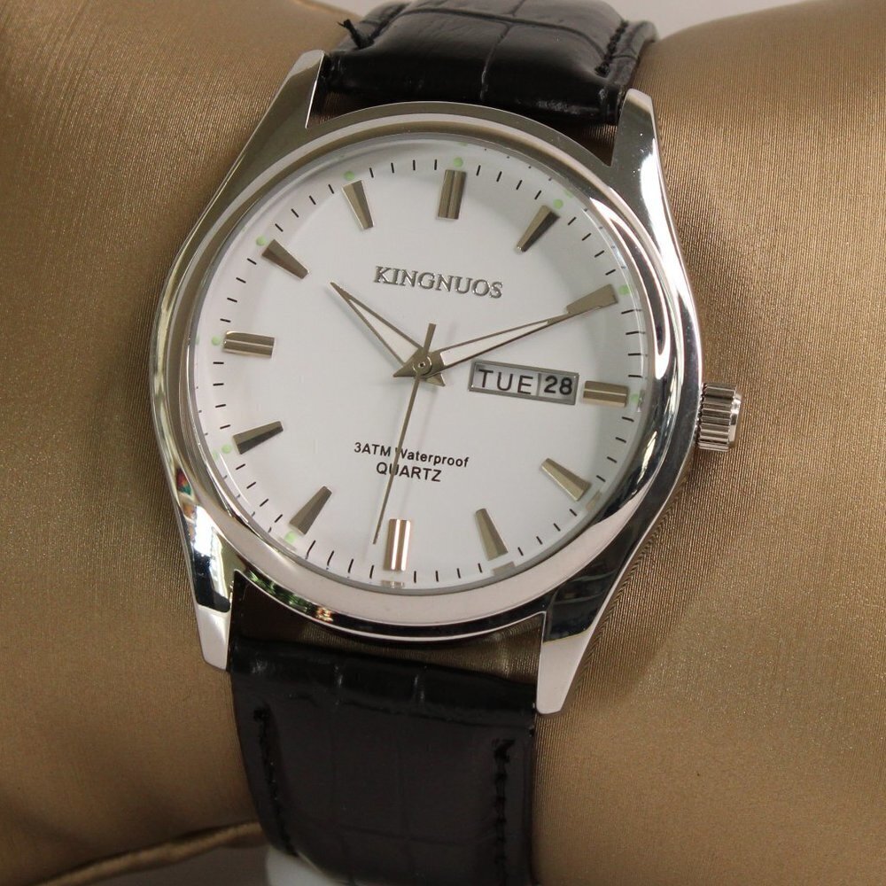 Men's Contemporary Dress Watch Silver Case Black Leather Watch Strap 40mm - Picture 4 of 13